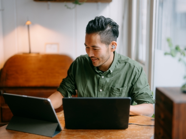 Man working with earphones