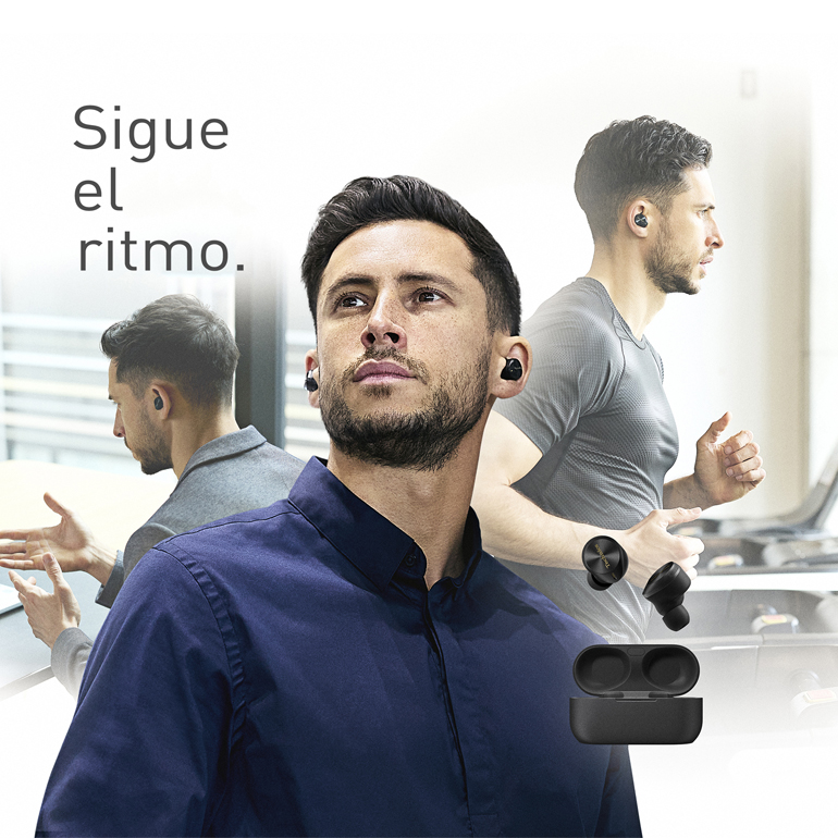 Auriculares EAH-AZ80 con el texto 'Nunca te pierdas el ritmo'.