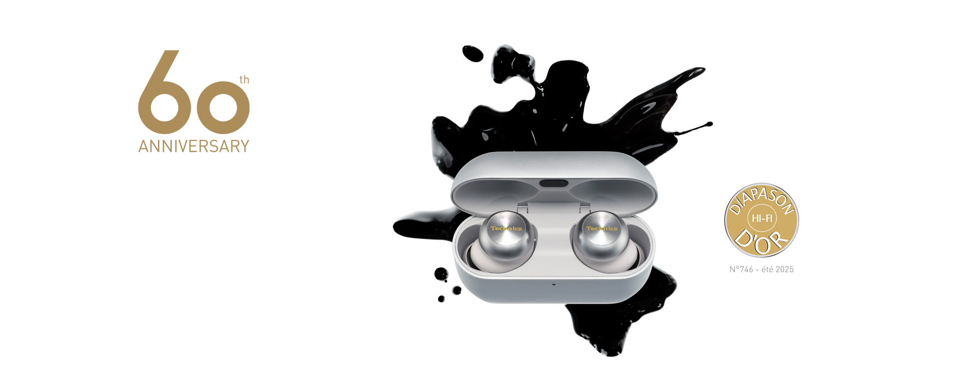 Paire d'écouteurs sans fil avec le nombre « 60 » couleur or dans le coin supérieur droit.