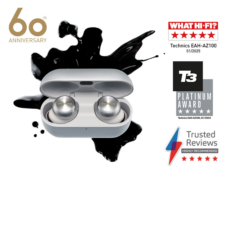 A pair of wireless earbuds with a gold '60' in the top left corner. Logos on the right include 'Stiftung Warentest,' 'CHIP,' and 'HIFI.DE.'