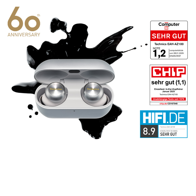 Ein Paar kabellose Ohrhörer mit einer goldenen „60“ in der oberen linken Ecke. Rechts befinden sich Logos von „Stiftung Warentest“, „CHIP“ und „HIFI.DE“.