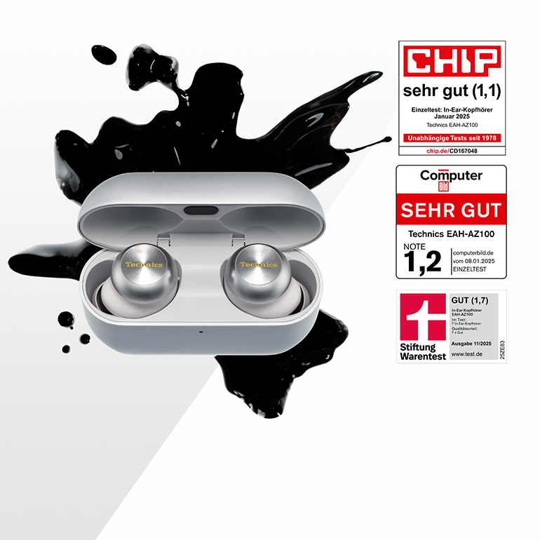 Ein Paar kabellose Ohrhörer mit einer goldenen „60“ in der oberen linken Ecke. Rechts befinden sich Logos von „Stiftung Warentest“, „CHIP“ und „HIFI.DE“.