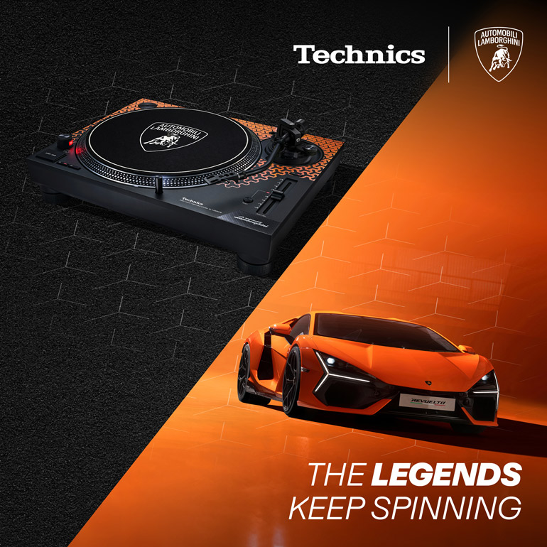 Un giradischi Technics accanto a un'auto Lamborghini arancione con il testo 'THE LEGENDS KEEP SPINNING'