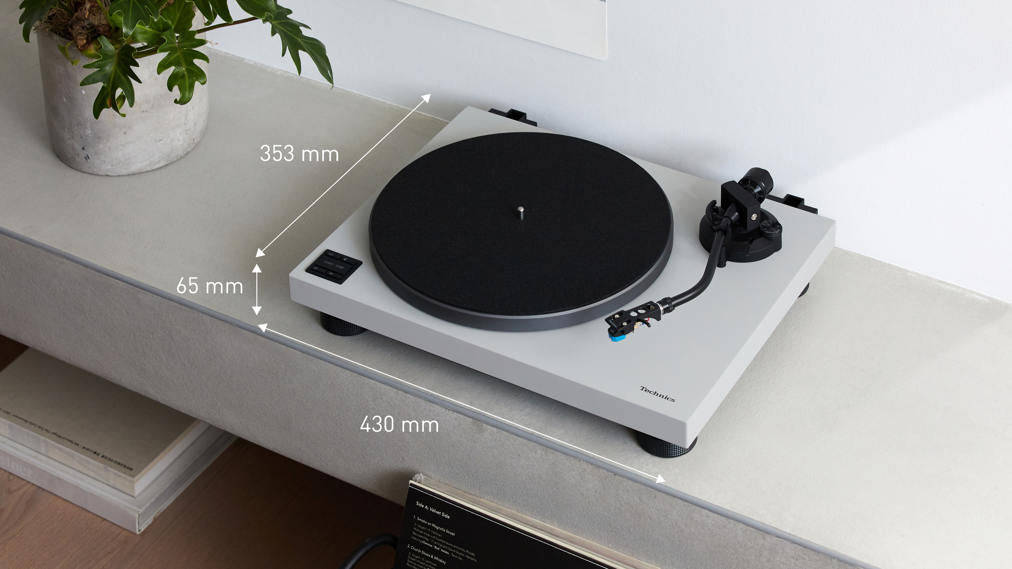 Kuva suoravetoisesta levysoitinjärjestelmästä SL-40CBT, harmaa ulottuvuuksineen