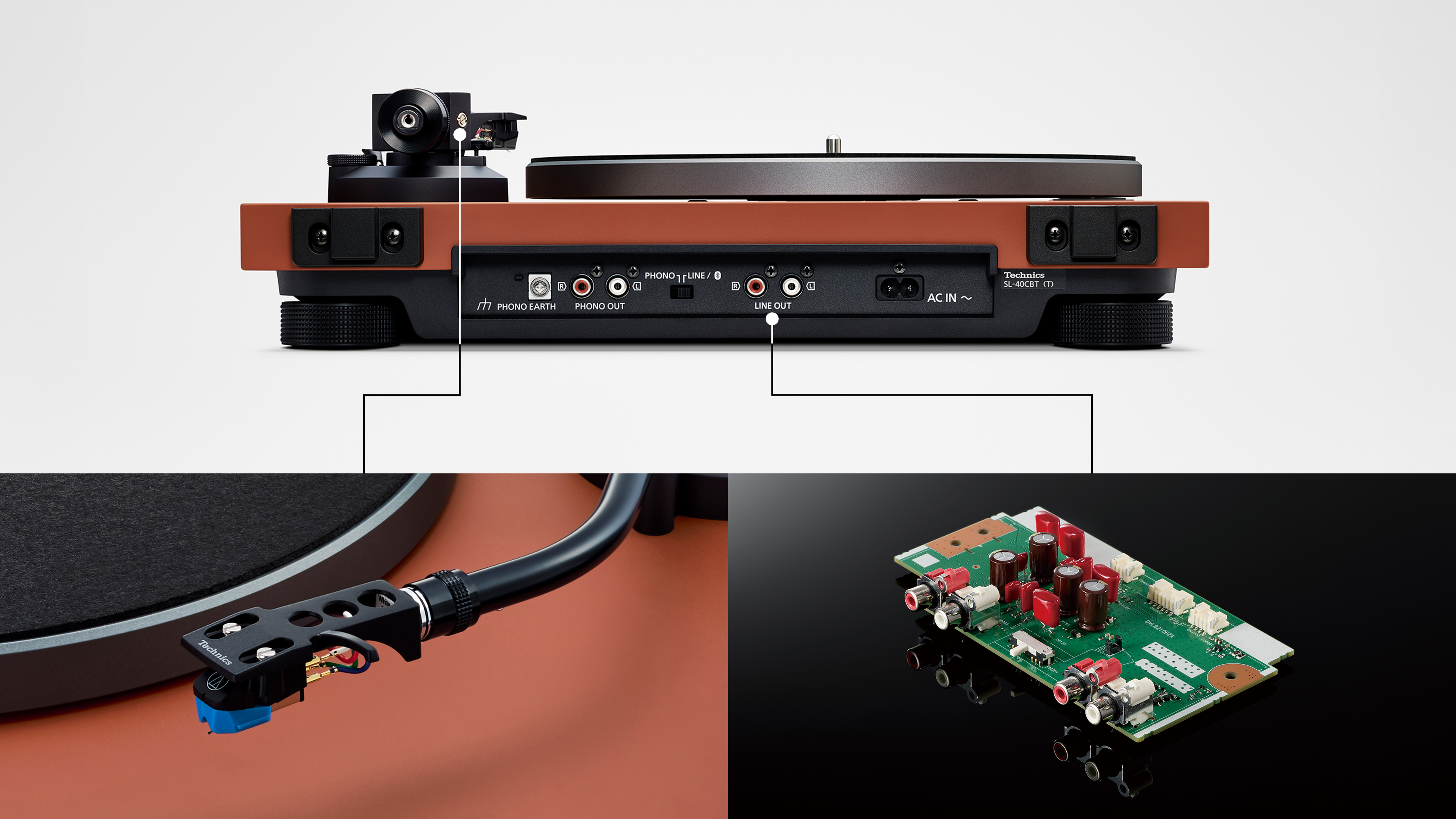 Ylhäällä on yksi kuva ja alhaalla kaksi kuvaa vierekkäin. Yläkuvassa on SL-40CBT:n sivukuva. Alhaalla vasemmalla olevassa kuvassa näkyy äänirasia ja oikealla kuvassa sisäänrakennettu levysoitinvahvistin.