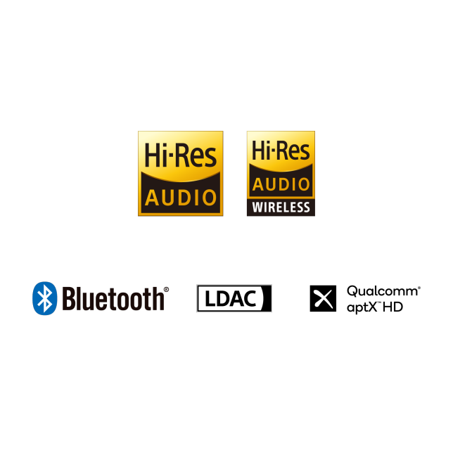 Logo von Bluetooth,Logo von LDAC,Logo von Qualcomm aptX HD,Symbol jeder Funktion,Symbol jeder Funktion