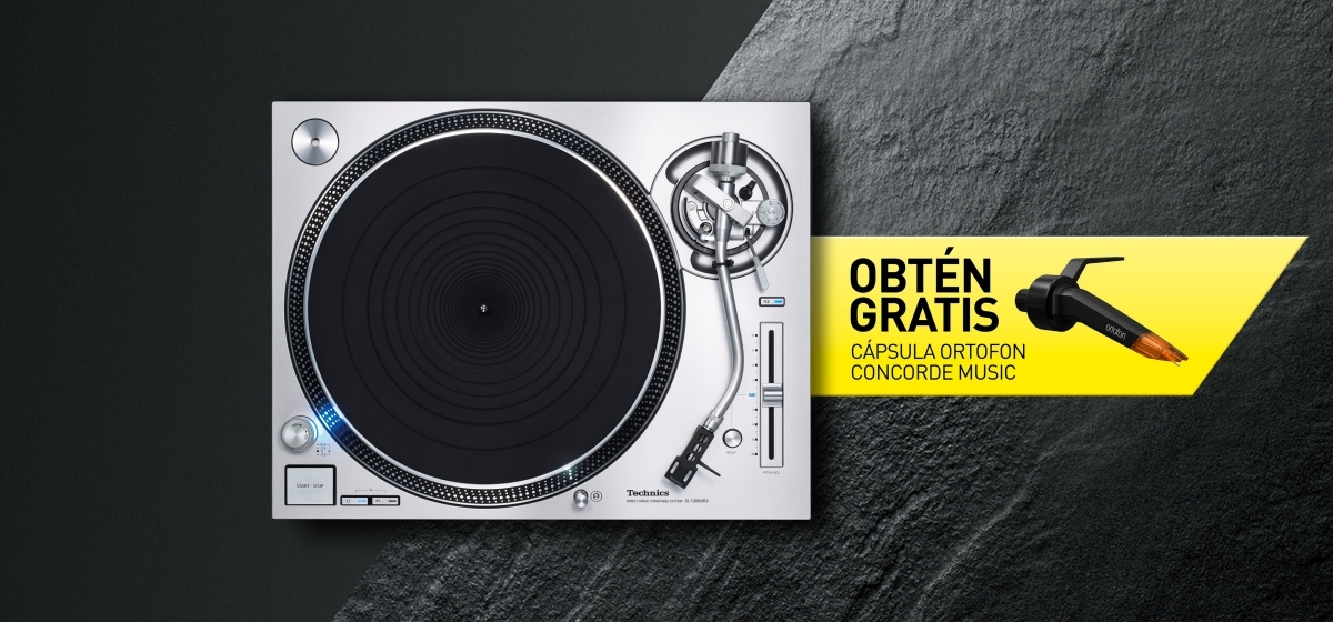 Tocadiscos Technics negro visto desde arriba sobre un fondo oscuro, con un texto promocional que dice «Obtén gratis cápsula Ortofon Concorde Music» junto a la imagen de una cápsula fonográfica negra y naranja.