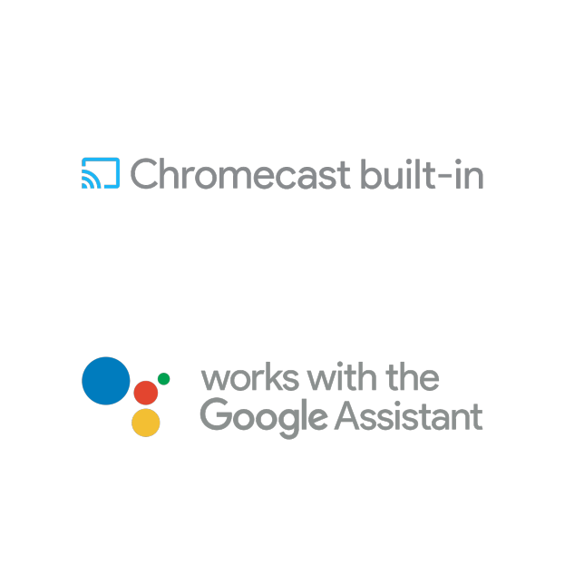 Logo of Chromecast Built-in, Logo of Works with the Google Assistant