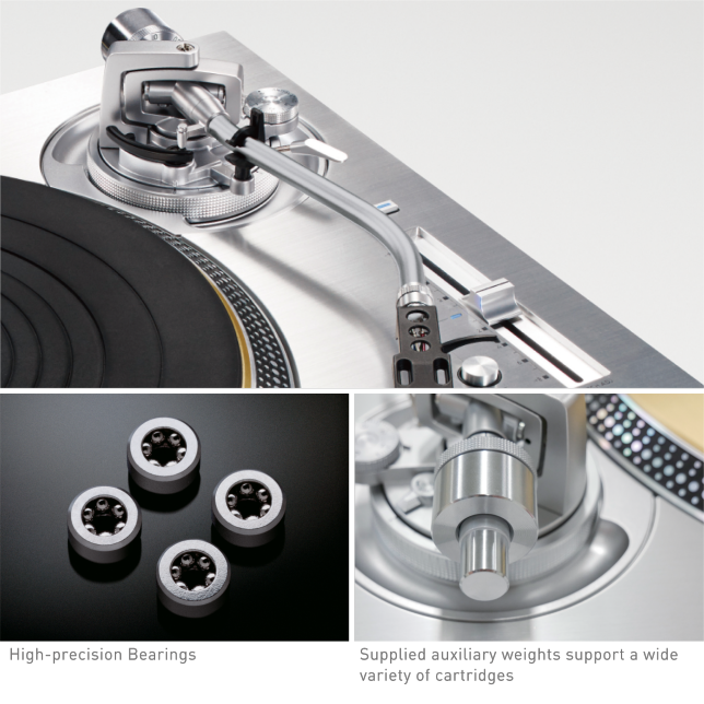 Photo of High-sensitive Tonearm, Photo of High-precision Bearings, Photo of Supplied auxiliary weights support a wide variety of cartridges