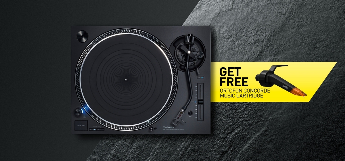 Technics SL-1210GR2 direct drive turntable on dark textured background with a yellow banner showing 'Get free Ortofon Concorde music cartridge' offer.