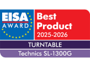 The image shows an award badge. The badge consists of two parts. The left part is blue with the text EISA AWARD and a star pattern. The right part is red with the text Best Product 2025-2026. Below that is a purple bar with the word TURNTABLE and the product name Technics SL-1300G.