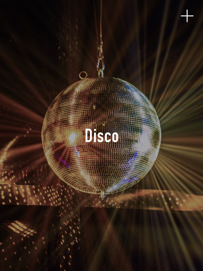 A glittering mirror disco ball hangs against a warm, dramatic light background with the word "Disco" overlaid in white text at the centre.