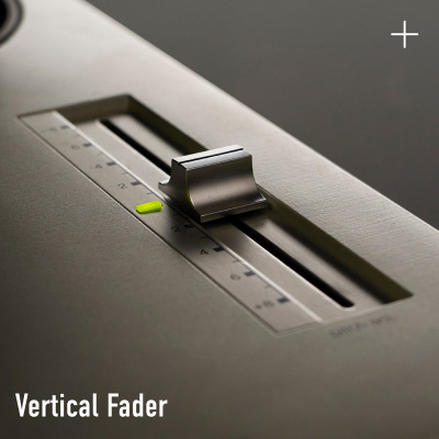 Close-up photograph of the vertical fader on a Technics turntable, with the label "Vertical Fader" in white text at the bottom left.