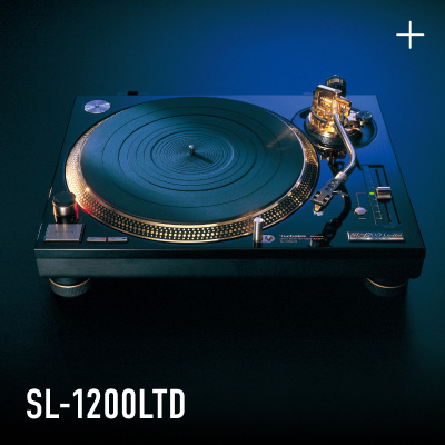 Photograph of the Technics SL-1200LTD turntable in black and gold finish, shot against a dark teal background, with the model name "SL-1200LTD" displayed in the lower left.