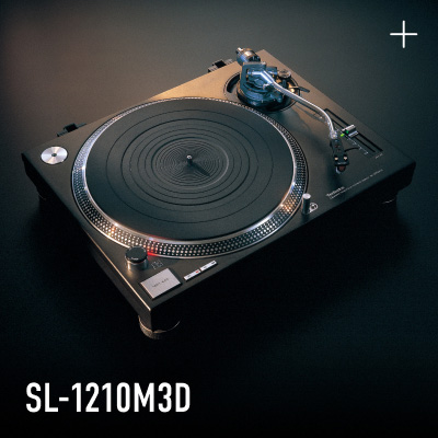 Photograph of the Technics SL-1210M3D turntable in black finish, shot against a dark background, with the model name "SL-1210M3D" displayed in the lower left.
