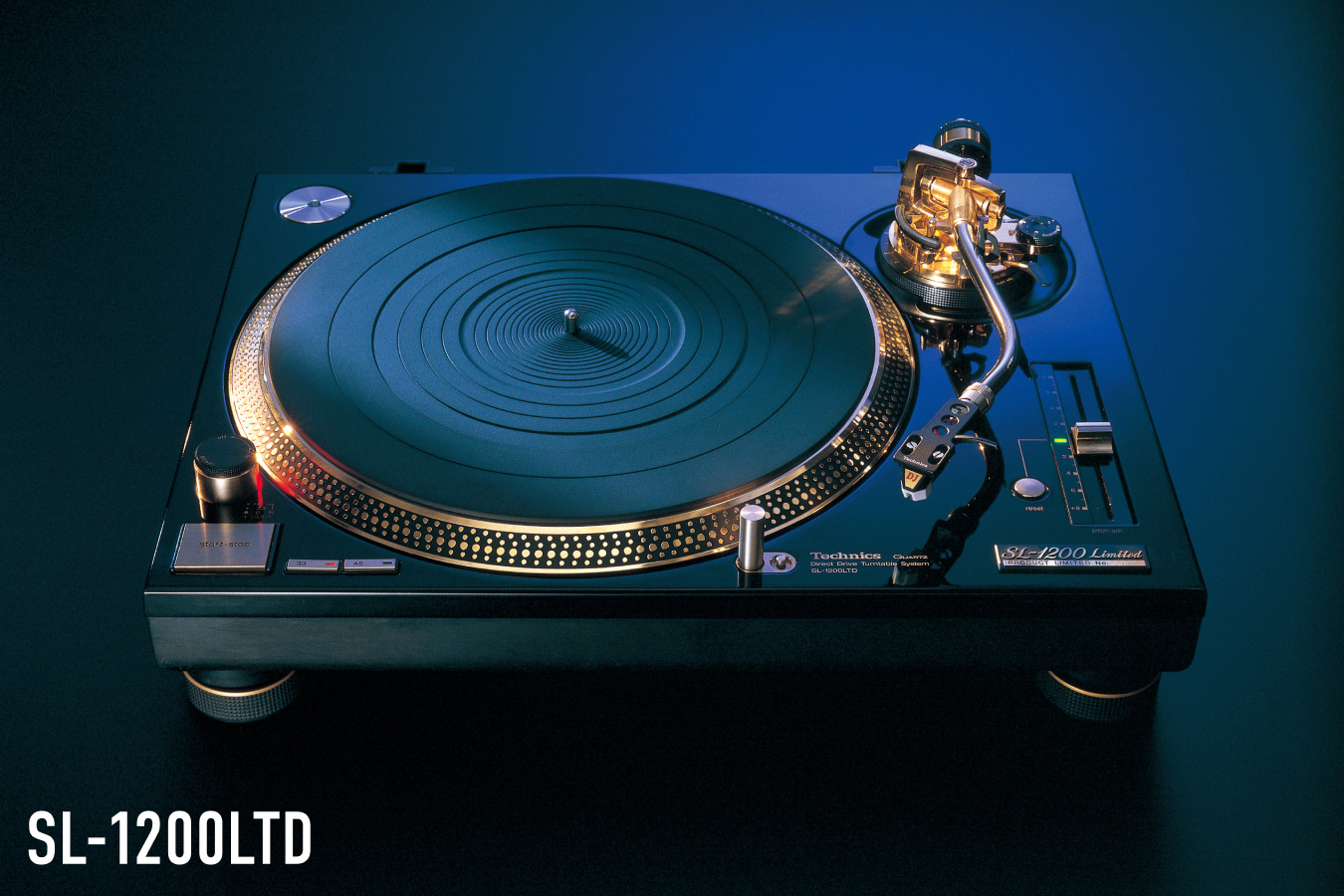 Photograph of the Technics SL-1200LTD turntable in black and gold finish, shot against a dark teal background, with the model name "SL-1200LTD" displayed in the lower left.