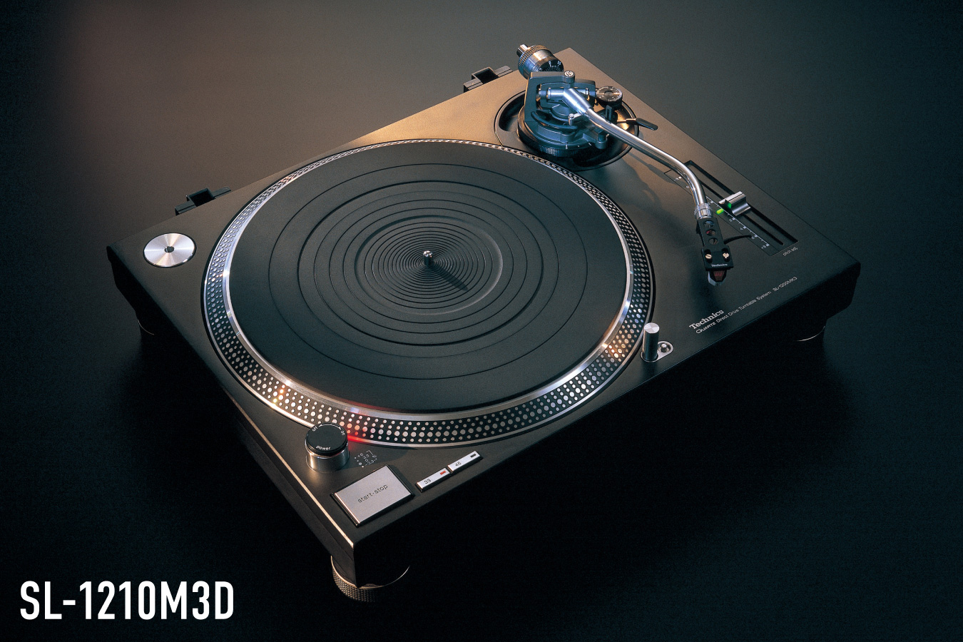 Photograph of the Technics SL-1210M3D turntable in black finish, shot against a dark background, with the model name "SL-1210M3D" displayed in the lower left.