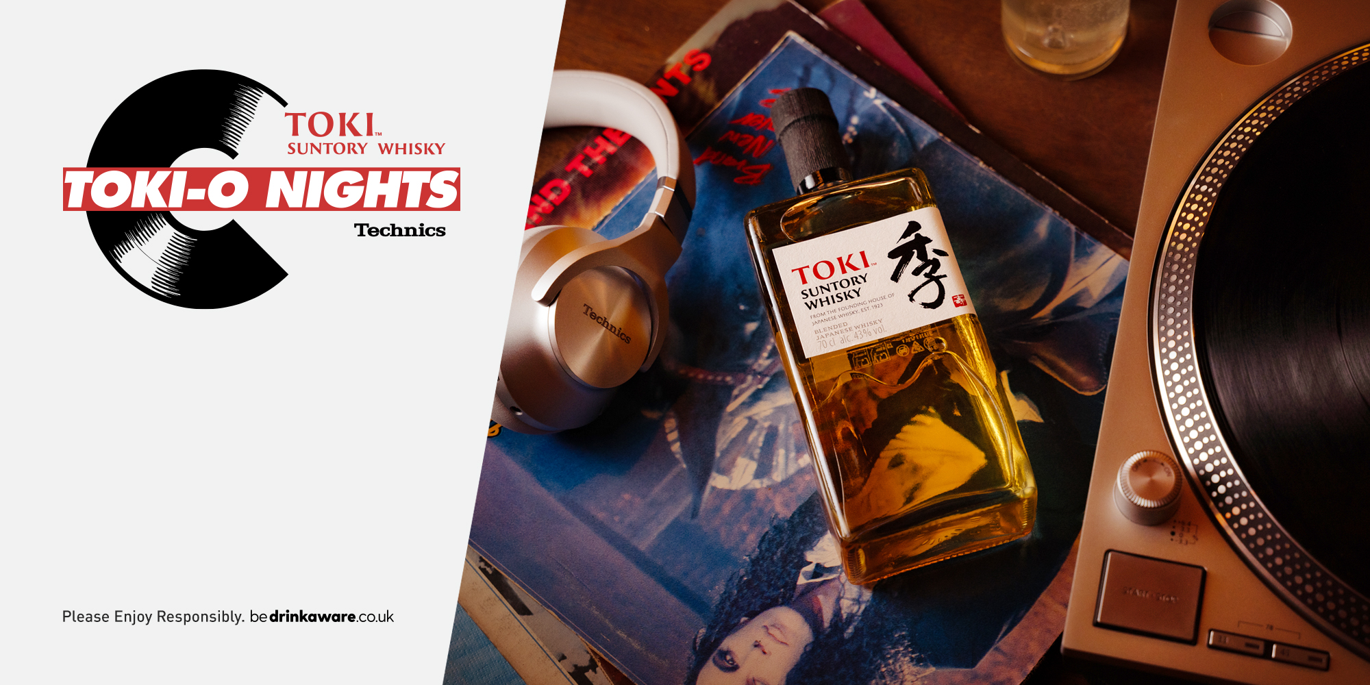 Toki-O Nights event series by Suntory Toki Whisky and Technics in the United Kingdom, featuring vinyl turntables, highball cocktails, and premium Technics headphones
